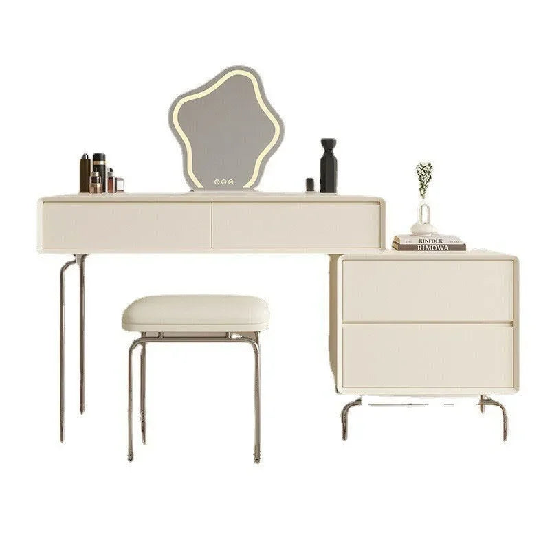 Luxury Makeup Vanity Desk with Mirror and Lights, Dressing Table with Stool Stainless Steel Legs 5 Drawers, Modern Makeup Desk