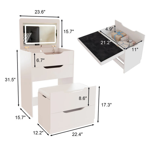 3-in-1 Hidden Vanity Desk with Flip-Top LED Mirror & Storage Stool