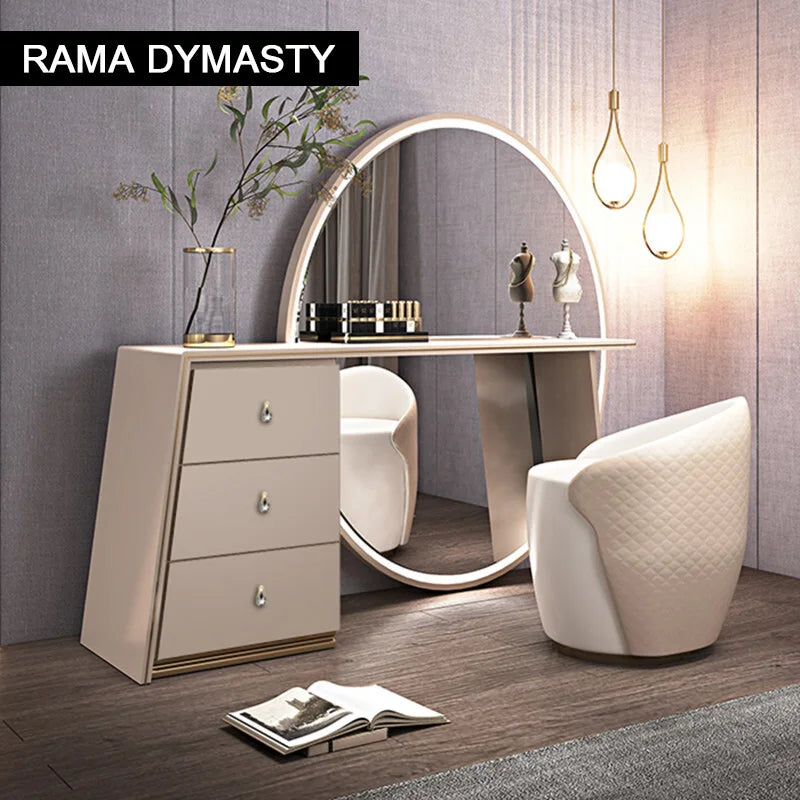 Luxury Beige Makeup Vanity Set with Side Cabinet Dressing Table with Big Mirror & Stool