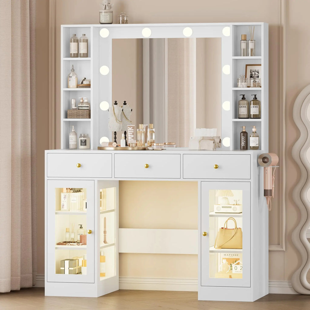 Noir Glass-Top Vanity Desk with Lighted Mirror