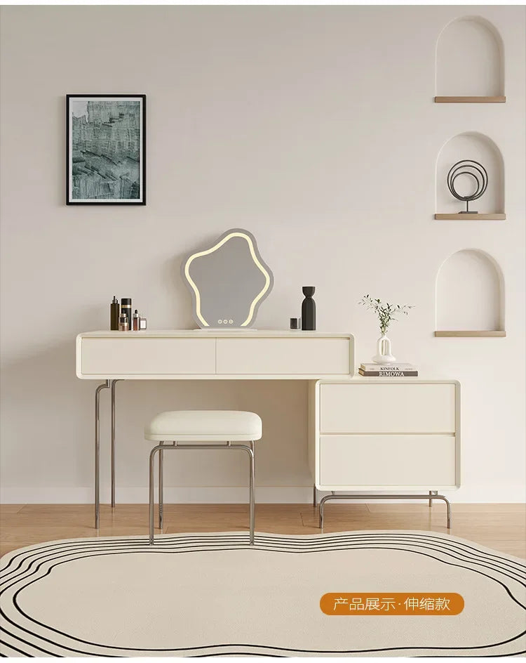Luxury Makeup Vanity Desk with Mirror and Lights, Dressing Table with Stool Stainless Steel Legs 5 Drawers, Modern Makeup Desk