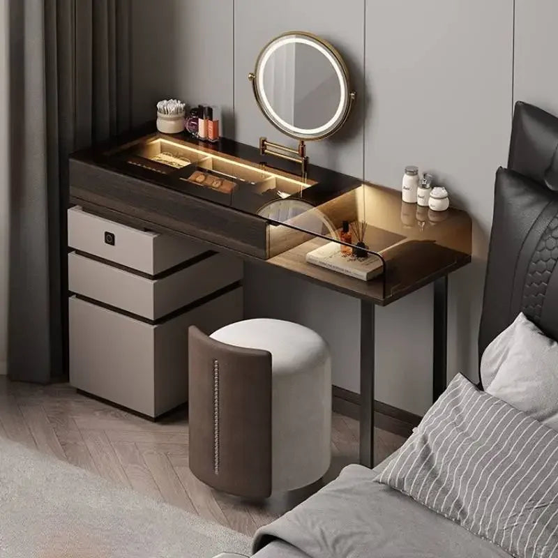 Modern Glass-Top Vanity Table with Wood Drawer — Vanity Furniture, Bedroom Furniture, Glass Top | Beautifully Within