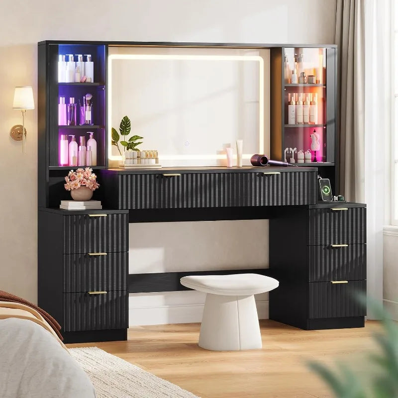 Fluted Wood Vanity Desk with Sound-Sync Lighting