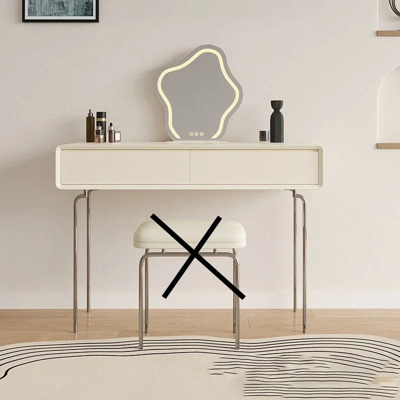 Luxury Makeup Vanity Desk with Mirror and Lights, Dressing Table with Stool Stainless Steel Legs 5 Drawers, Modern Makeup Desk