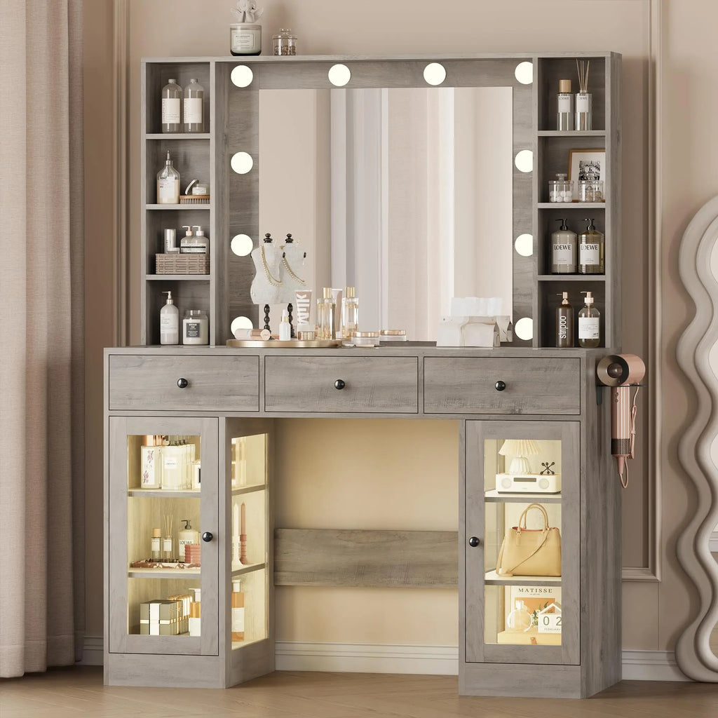 Noir Glass-Top Vanity Desk with Lighted Mirror