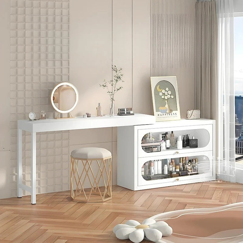 French-Style White Vanity Desk with Glass Cabinet