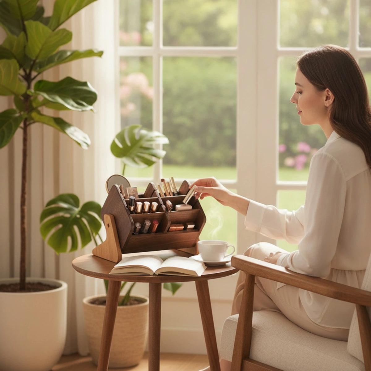 Wooden Cosmetic Storage Organizer with Compartments