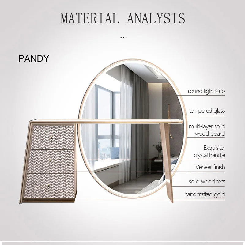 Luxury Beige Makeup Vanity Set with Side Cabinet Dressing Table with Big Mirror & Stool