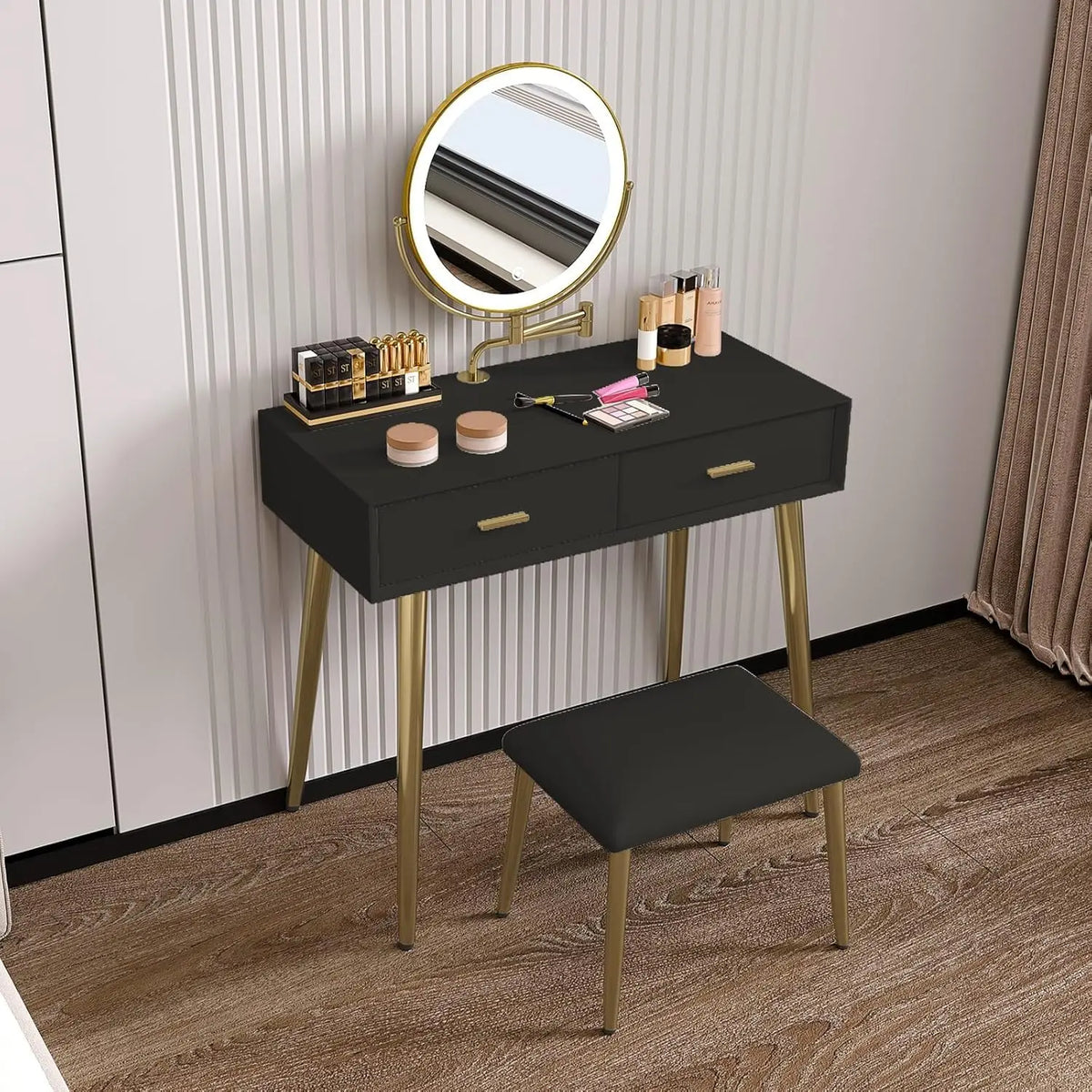Leather-Wrapped Vanity Desk with Rotating Mirror & Stool — Vanity Furniture, Leather Vanity | Beautifully Within