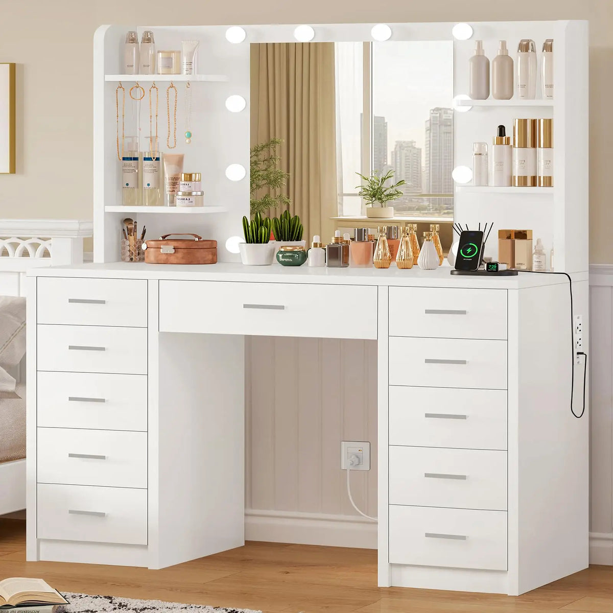 Grand Vanity Desk with Mirror, Drawers & Display Shelving
