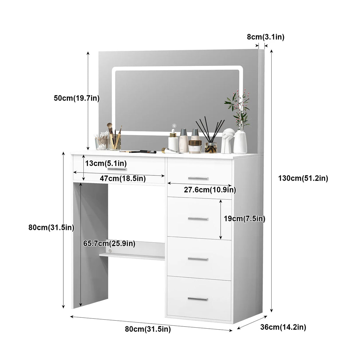 Modern White Vanity Desk with LED Mirror & Storage Drawers