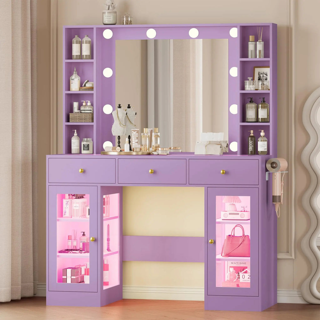 Noir Glass-Top Vanity Desk with Lighted Mirror