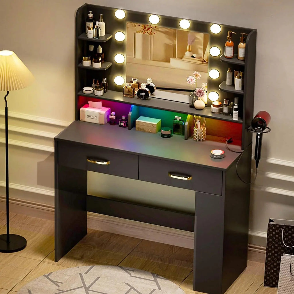 Black Vanity Desk with LED Mirror & Charging Station