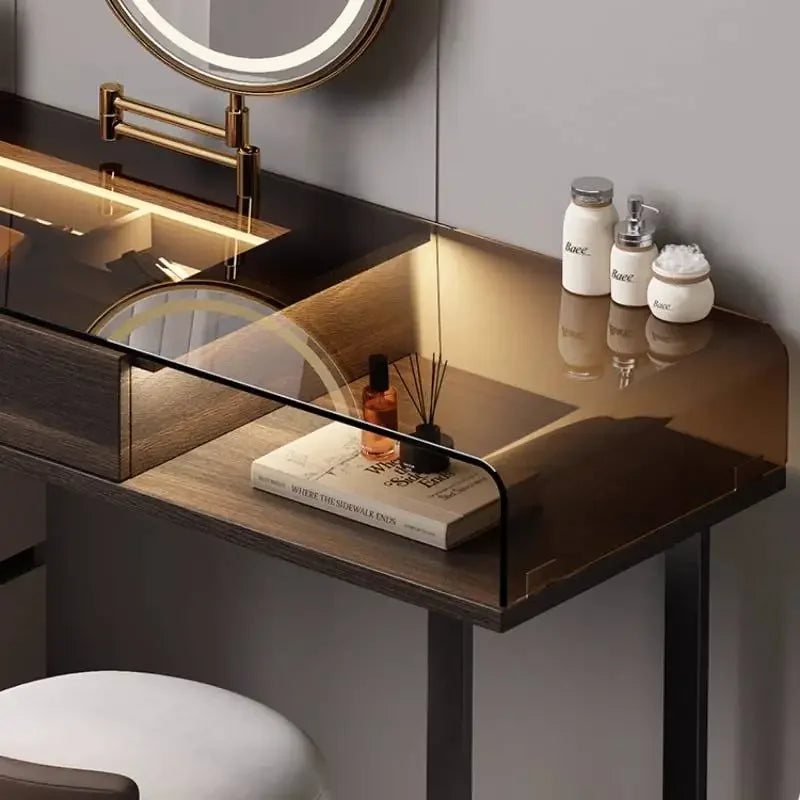 Modern Glass-Top Vanity Table with Wood Drawer