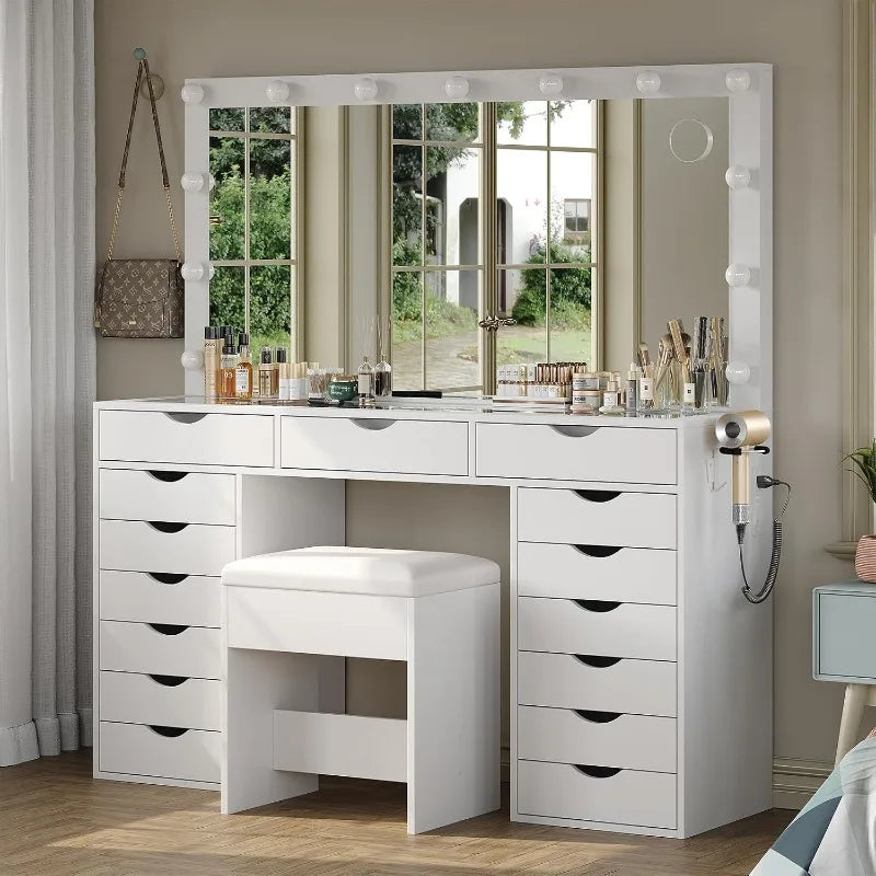 Parisian Lighted Vanity Desk with 15 Drawers
