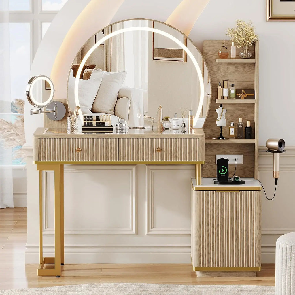 Vanity Desk with Magnifying Mirror & Glass Top — Vanity Furniture, Charging Station, Oak Finish | Beautifully Within