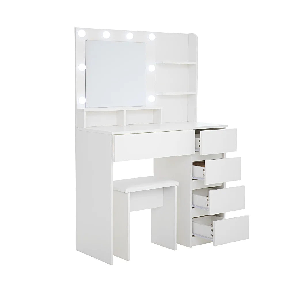 Vanity, Makeup Vanity Desk Set With Mirror & Light, Dressing Table Storage Lots With Power Strip, 3 Lighting Modes