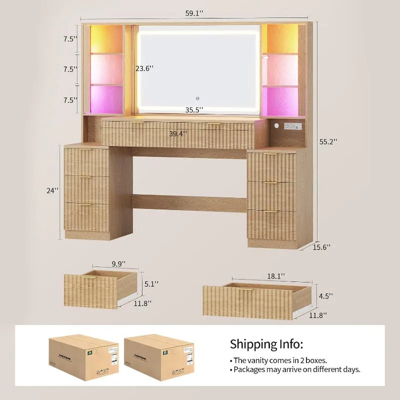 Fluted Wood Vanity Desk with Sound-Sync Lighting