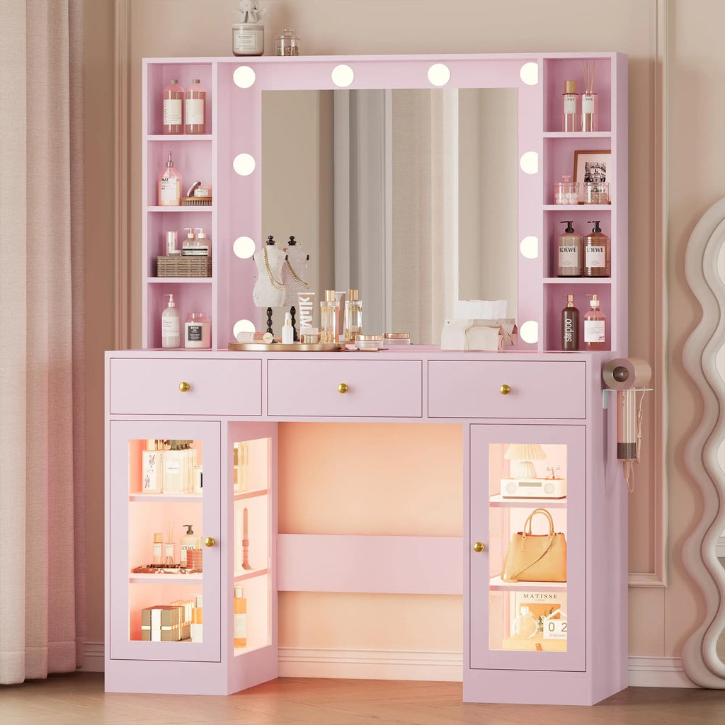 Noir Glass-Top Vanity Desk with Lighted Mirror