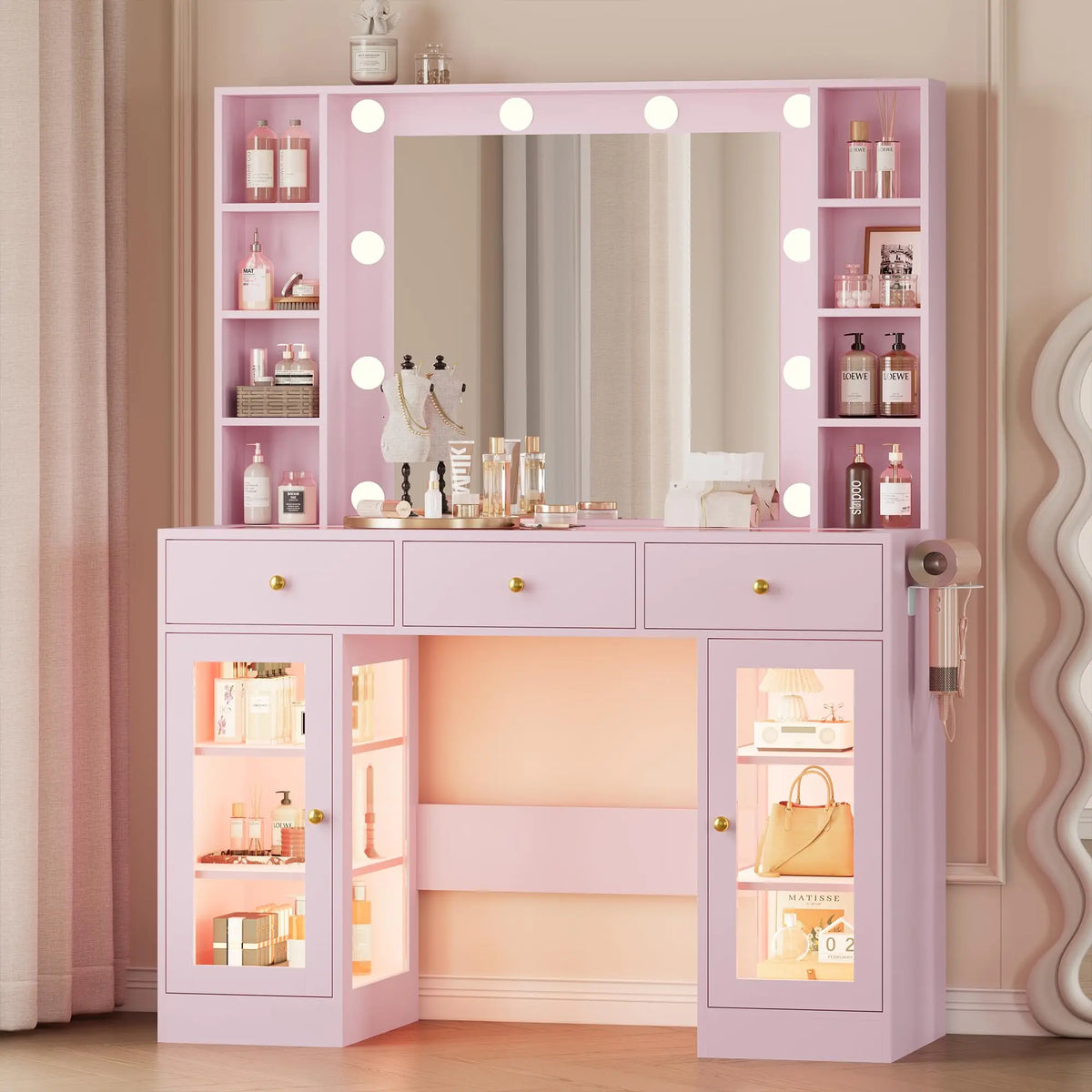 Noir Glass-Top Vanity Desk with Lighted Mirror