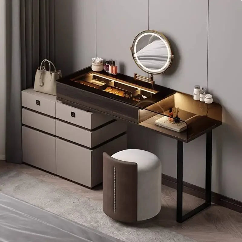 Modern Glass-Top Vanity Table with Wood Drawer