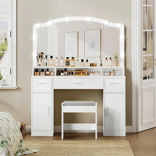Makeup Vanity Table with LED Lights & Storage Cabinets – White