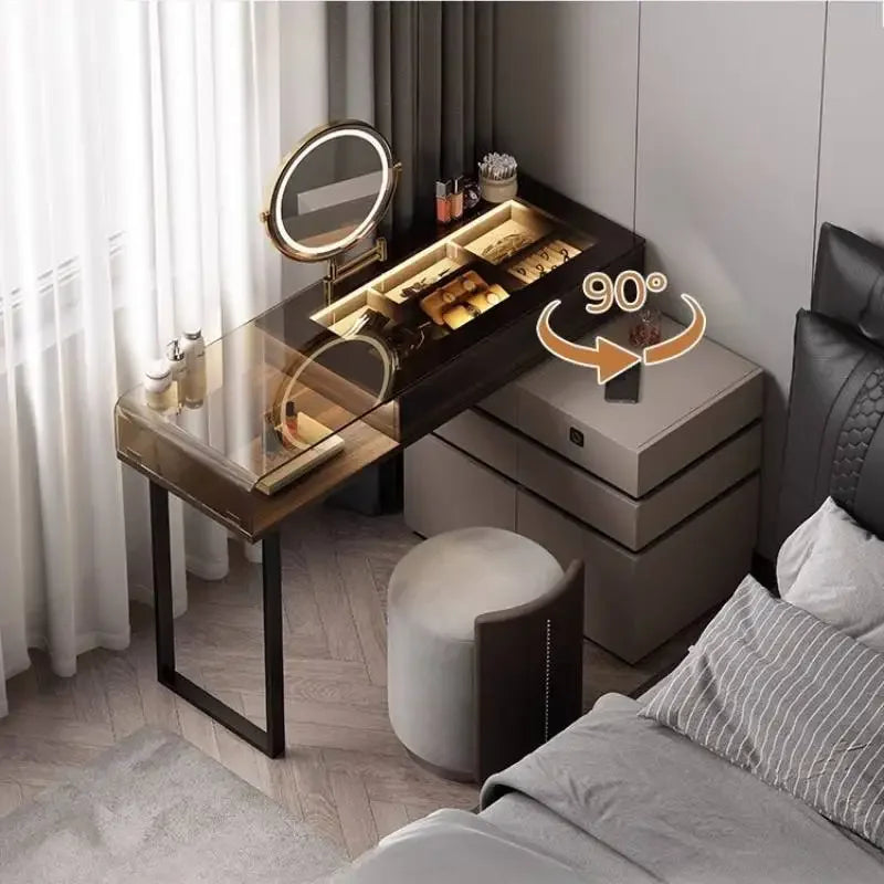 Modern Glass-Top Vanity Table with Wood Drawer