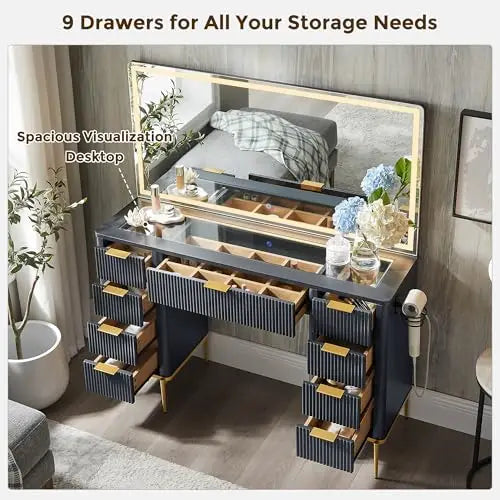 Fluted Vanity Desk with Nine Drawers & LED Mirror
