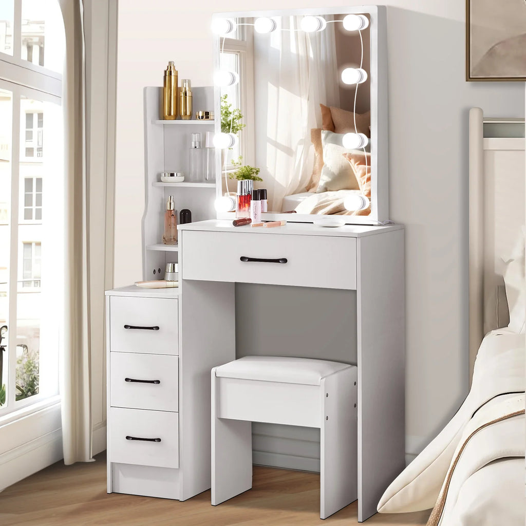 White Vanity Table Set with 3-Color LED Mirror, 4 Drawers & Stool