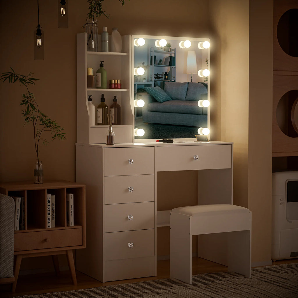 LED Makeup Vanity Set with Sliding Mirror, 6 Drawers & Stool