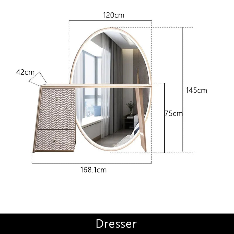 Luxury Beige Makeup Vanity Set with Side Cabinet Dressing Table with Big Mirror & Stool