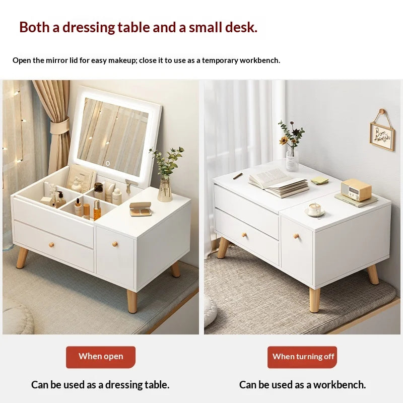 Window Seat Vanity Table with LED Mirror & Storage Drawers