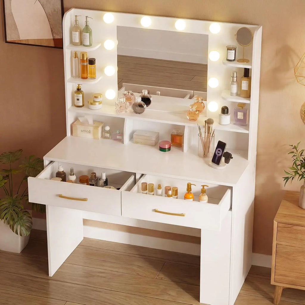Black Vanity Desk with LED Mirror & Charging Station