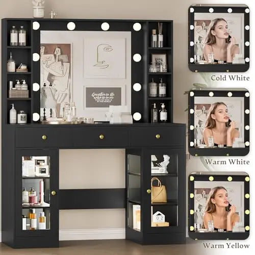 Noir Glass-Top Vanity Desk with Lighted Mirror