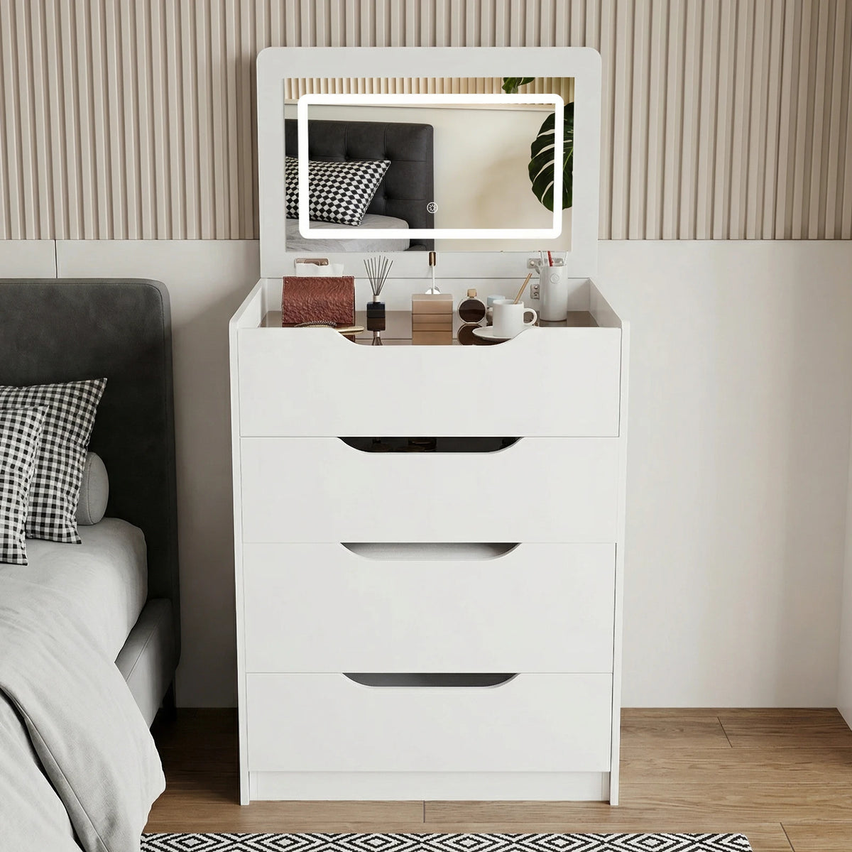 3-in-1 Hidden Vanity Desk with Flip-Top LED Mirror & Storage Stool