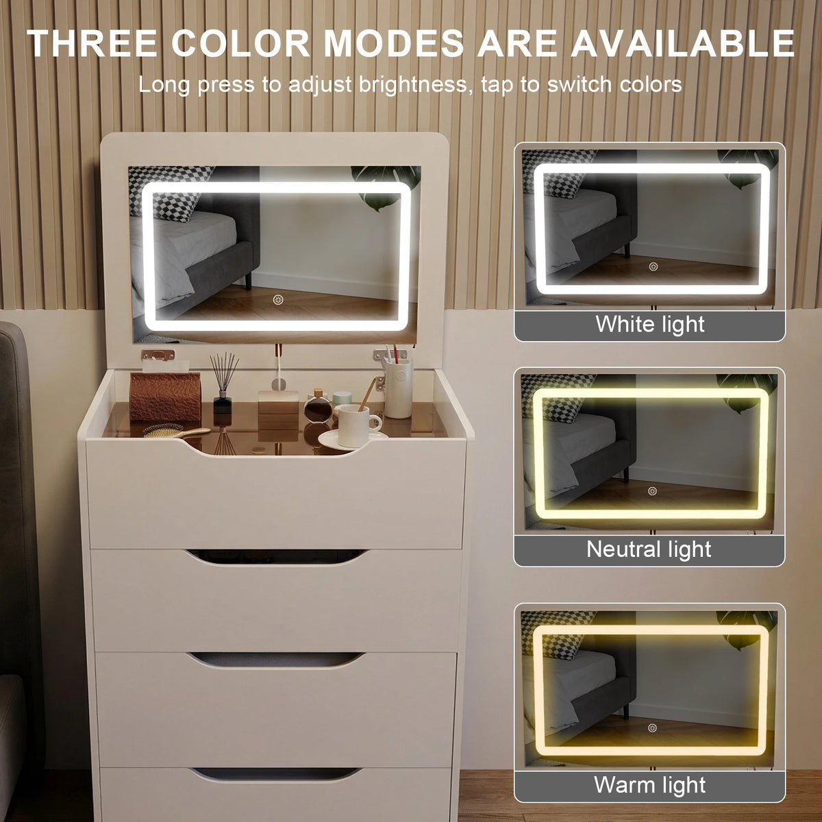 3-in-1 Hidden Vanity Desk with Flip-Top LED Mirror & Storage Stool