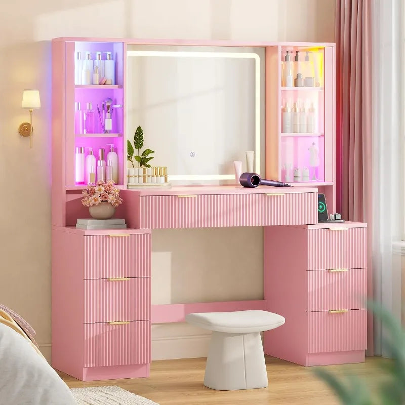 Fluted Wood Vanity Desk with Sound-Sync Lighting