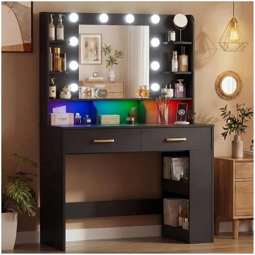 Black Vanity Desk with LED Mirror & Charging Station — This modern vanity desk pairs statement lighting with everyday practicality | Beautifully Within