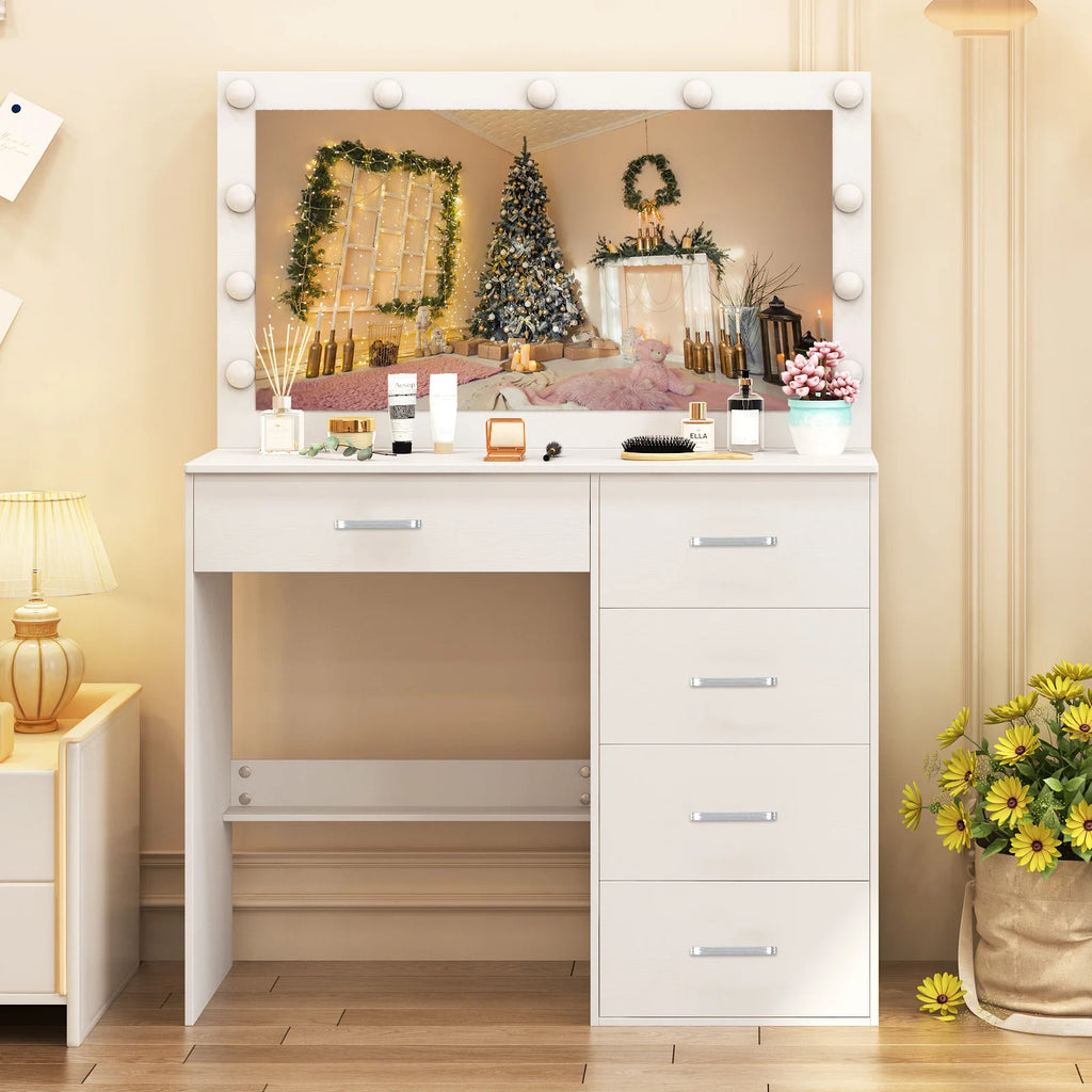 Modern White Vanity Desk with LED Mirror & Storage Drawers