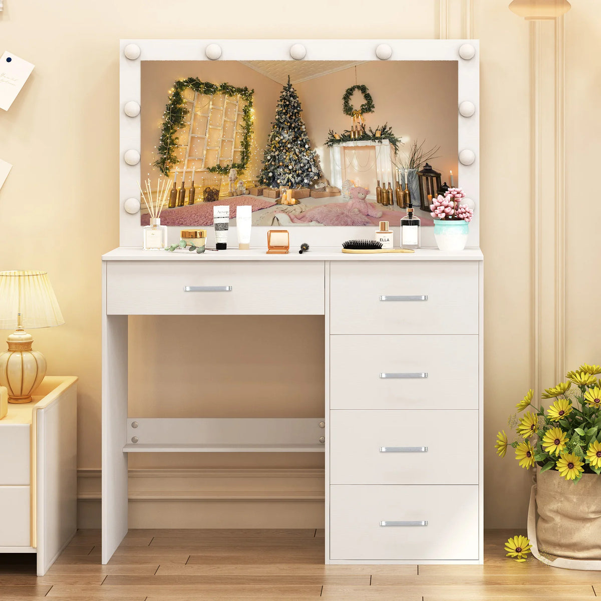 Modern White Vanity Desk with LED Mirror & Storage Drawers