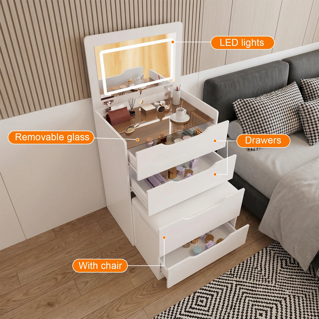 3-in-1 Hidden Vanity Desk with Flip-Top LED Mirror & Storage Stool