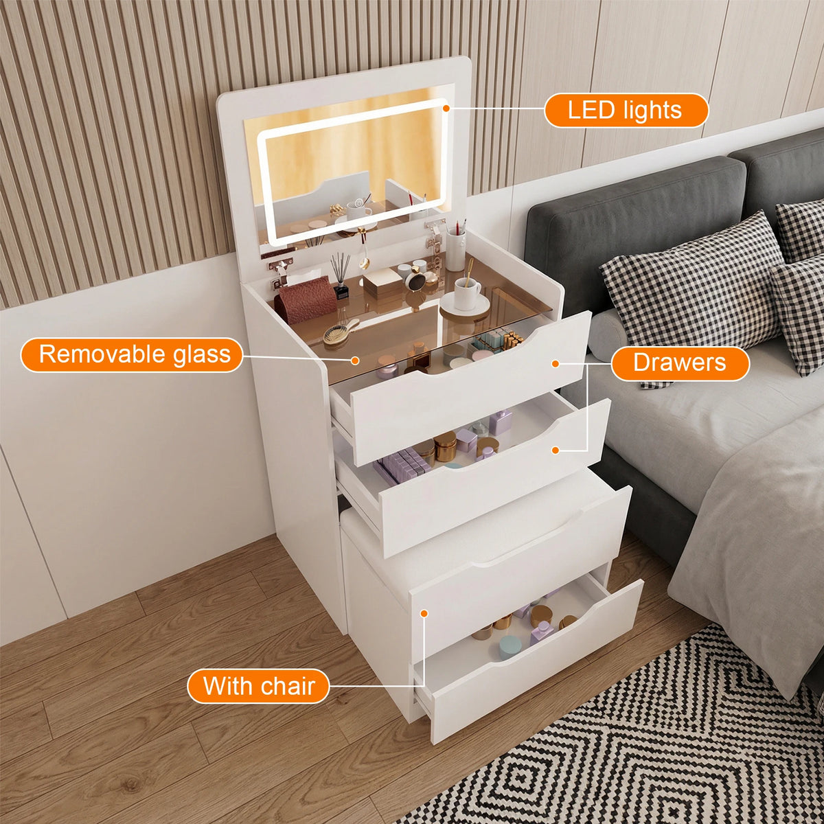 3-in-1 Hidden Vanity Desk with Flip-Top LED Mirror & Storage Stool