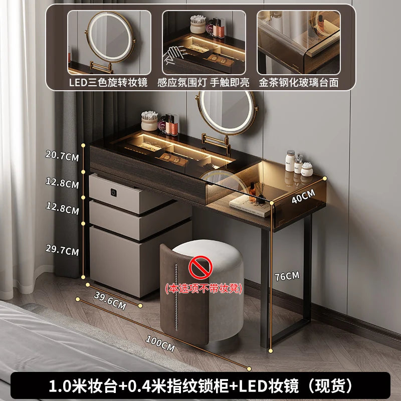Modern Glass-Top Vanity Table with Wood Drawer