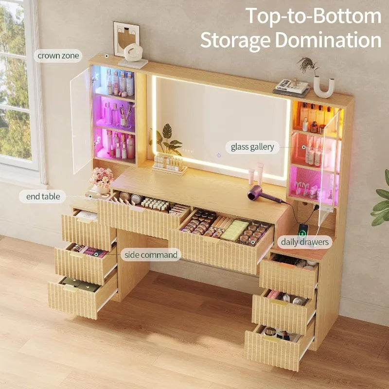 Fluted Wood Vanity Desk with Sound-Sync Lighting