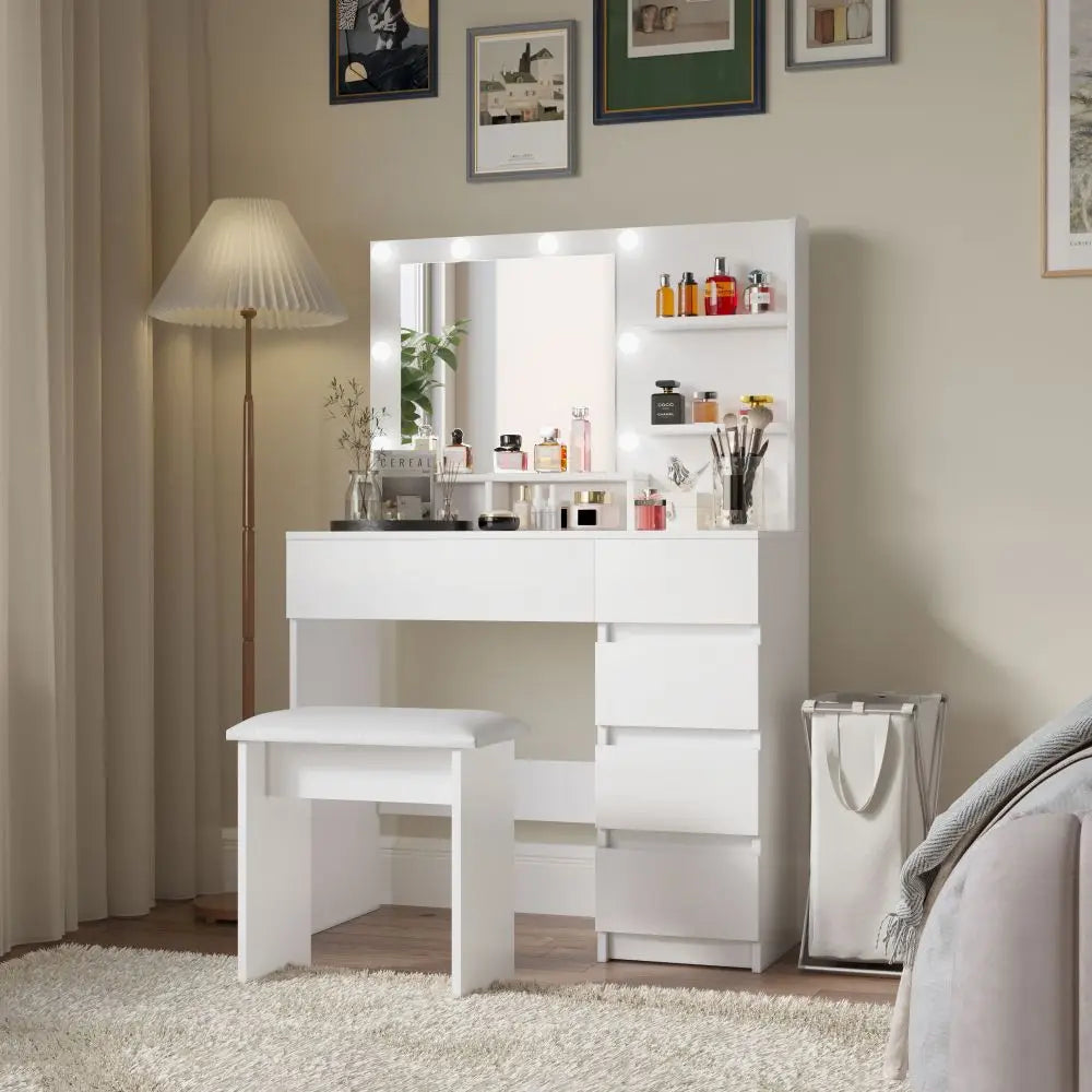 Vanity, Makeup Vanity Desk Set With Mirror & Light, Dressing Table Storage Lots With Power Strip, 3 Lighting Modes