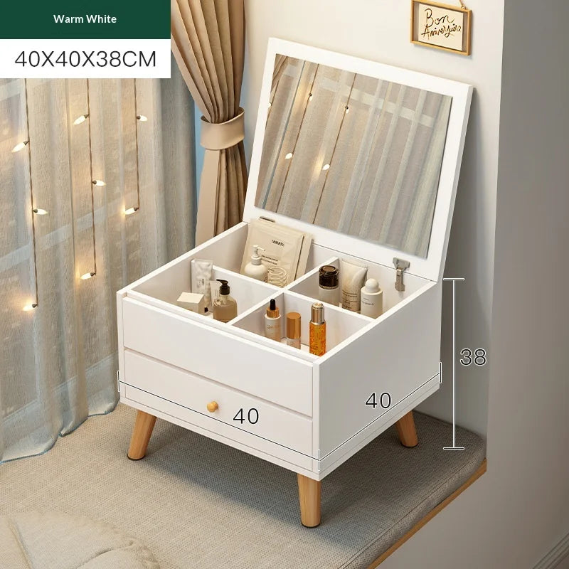 Window Seat Vanity Table with LED Mirror & Storage Drawers