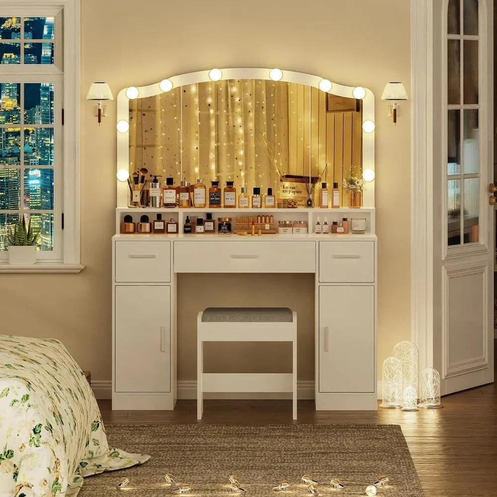 Makeup Vanity Table with LED Lights & Storage Cabinets – White