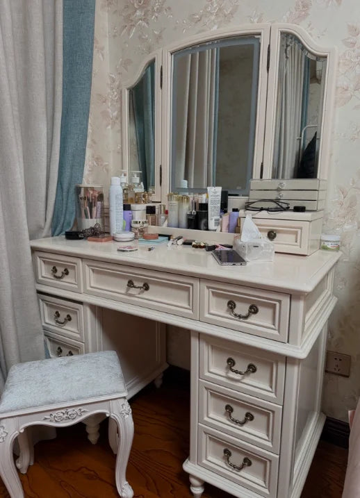 Farmhouse Corner Vanity Desk with Tri-Fold Mirror