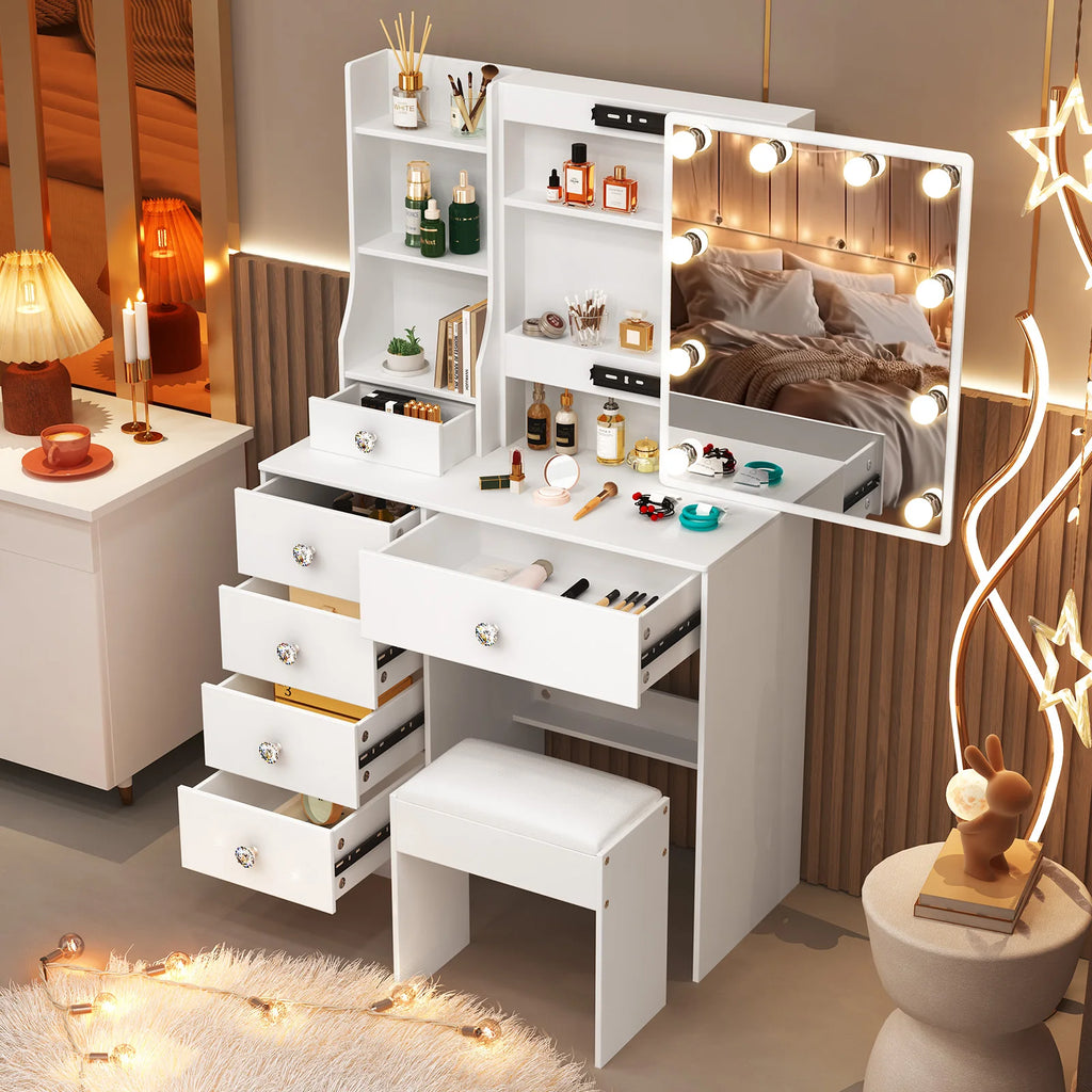 LED Makeup Vanity Set with Sliding Mirror, 6 Drawers & Stool