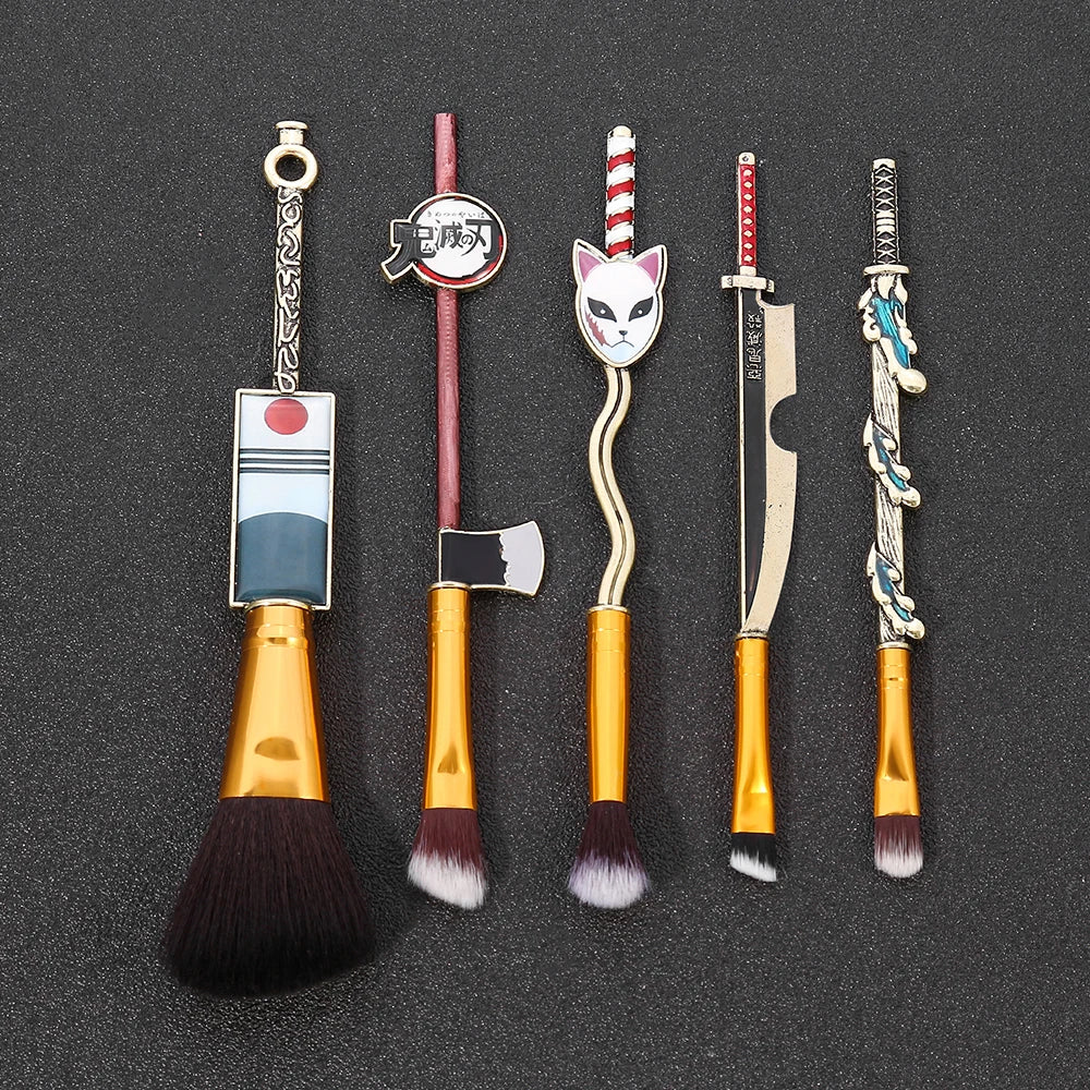 5PCS Demon Slayer Kimetsu no Yaiba Makeup Brushes Cosplay Tool Set Women Powder Eyeshadow Face Cosmeitcs Fan Collect